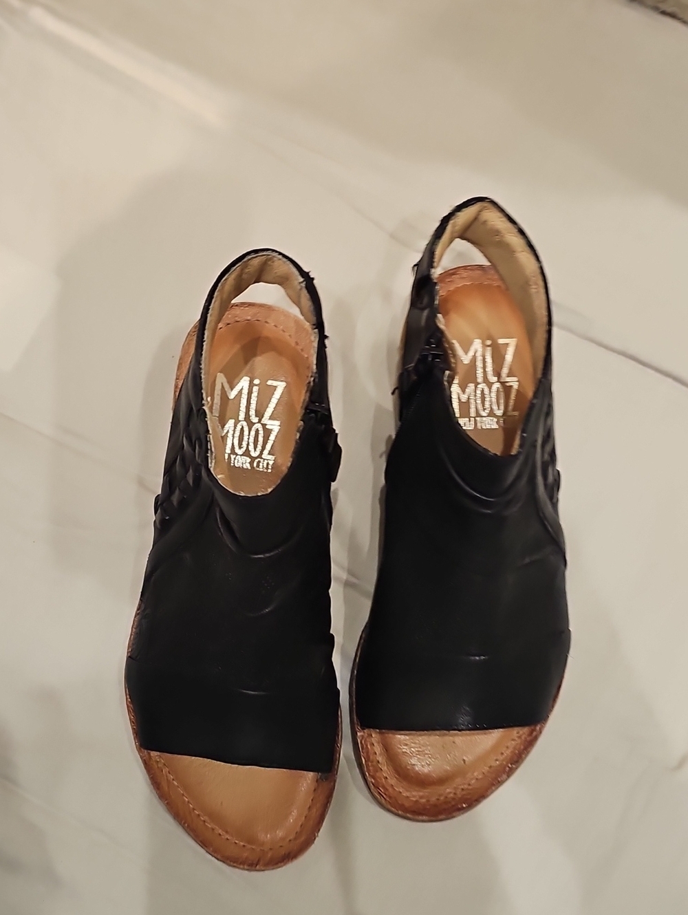 Miz Mooz Black Leather Open-Toe Slingback Mules
